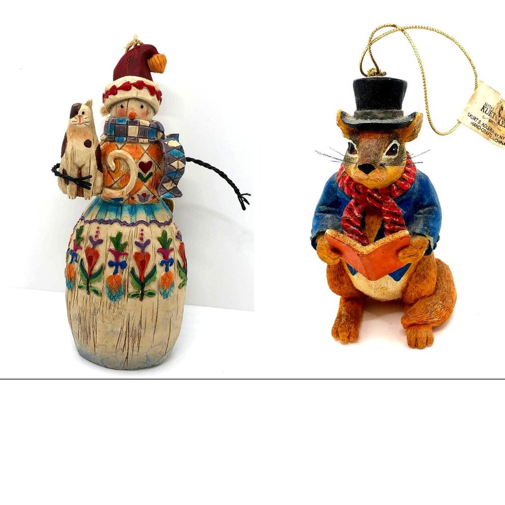 Two Rare Christmas Tree Ornaments - Squirrel and Snowman